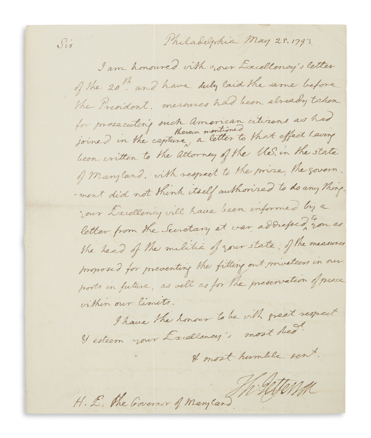 JEFFERSON, THOMAS. Autograph Letter Signed, Th:Jefferson, as Secretary of State, to MD Governor Thomas Sim Lee,